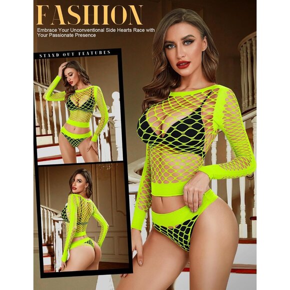 🆕 Women Yellow Sexy Mesh Lingerie Fishnet Babydoll Long Sleeve Bodysuit Shirts - Picture 3 of 5